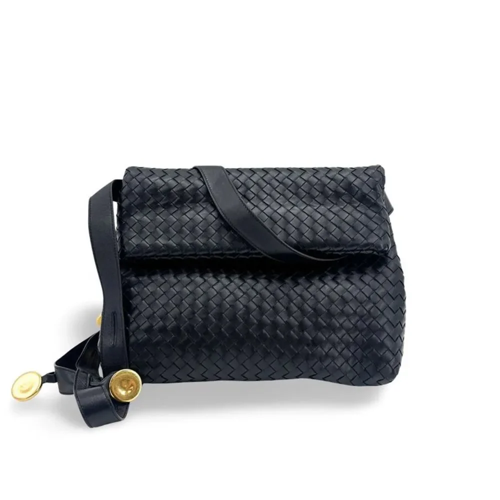 Bottega Veneta Intrecciato Folderover Shoulder Bag Black